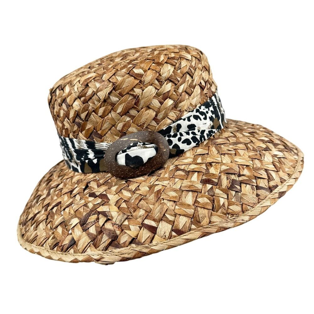 August Accessories Straw Sun Hat Animal Print Buckle Band Coastal Boho Resort